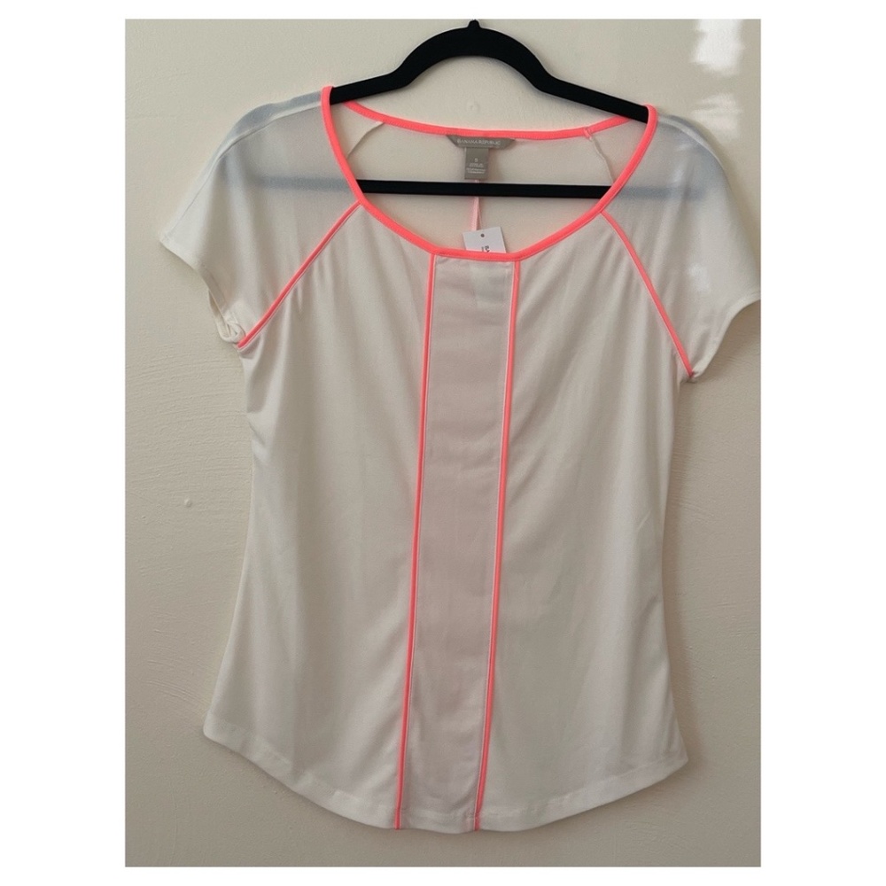 COPY - Banana Republic S | Cream and Neon Pink Sheer Short Sleeve Top
